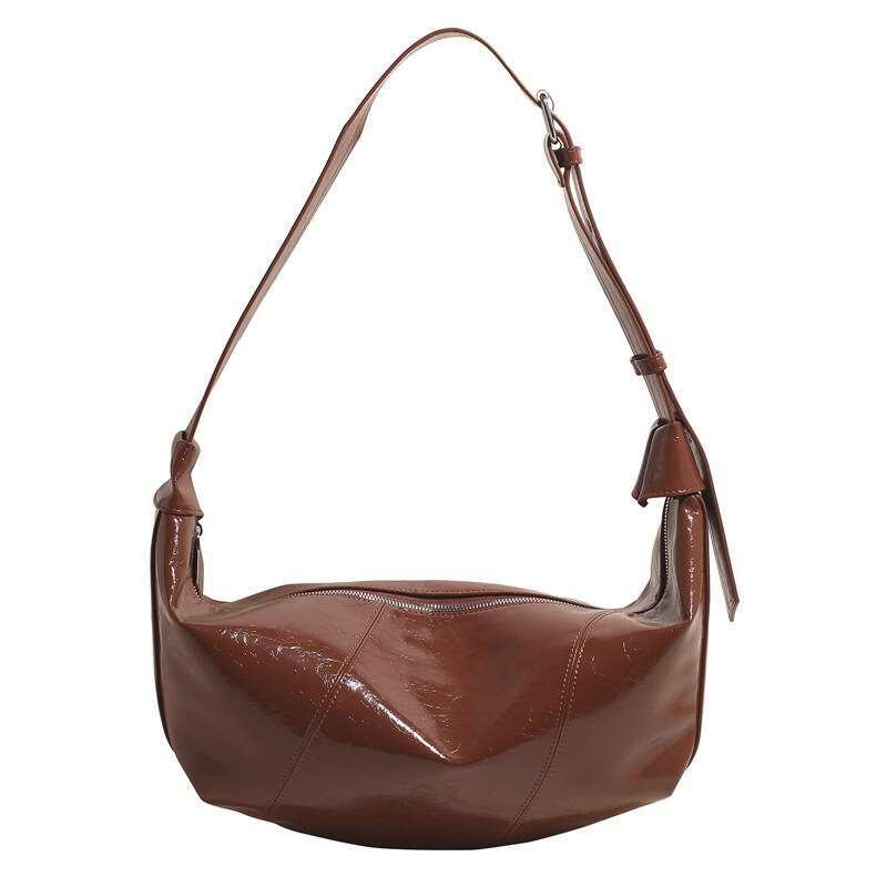 Black patent leather shoulder crossbody bag with fashionable pleated design, versatile handbag for daily streetwear, trendy women's bag