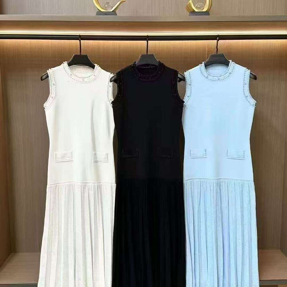 2025 Spring Summer Elegant Socialite Pearl Decorated Round Neck Sleeveless Knitted Slim Long Dress