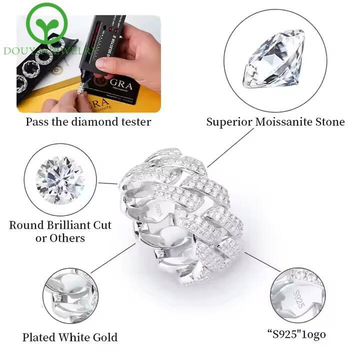 Custom Fine Jewelry Cuban Ring White Gold Plated S925 Silver Man Diamond Iced Out Moissanite Eternity Ring