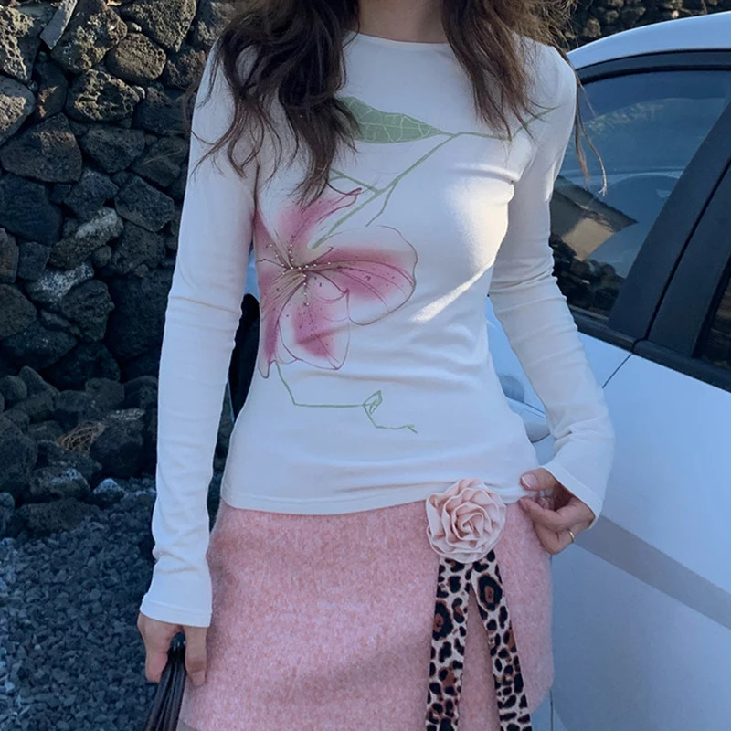 Lamuusaa Fairy Coquette Top Women y2k Clothing Rhinestone Floral Print Round Neck Long Sleeve T Shirts 2000s Clothes Streetwear 250730