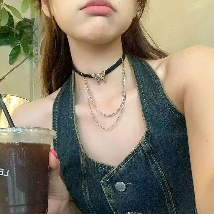 Fuxin Butterfly Tassel Necklace for Women, Niche Design, High-end Hot Girl Leather Cord Choker 6af