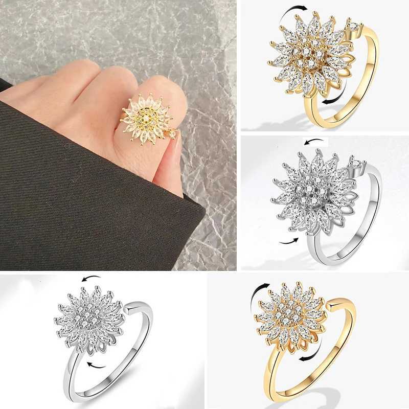 Fashion Crystal Sunflower Rings for Women Rotatable Anti Stress Anxiety Zircon Adjustable Ring You Are My Sunshine Jewelry Gift y250730
