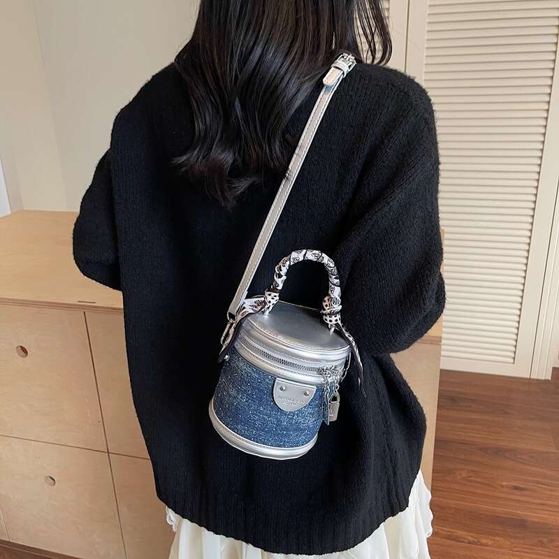 Cylindrical handbag - blue and white color blocked denim with diamonds PU leather single shoulder crossbody bag, fashionable and versatile, out on the