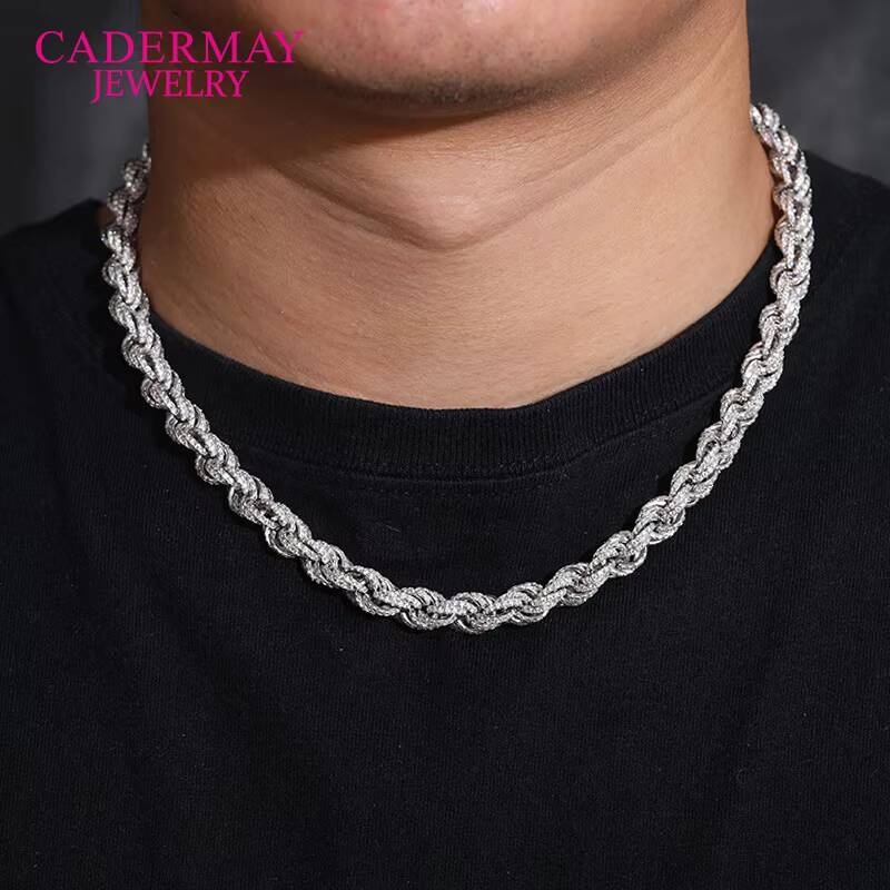 Cadermay Hiphop Jewelry 8mm 925 Sterling Silver DEF VVS Moissanite Rope Chain Iced Out Rope Diamond Chain Necklace for Gifts