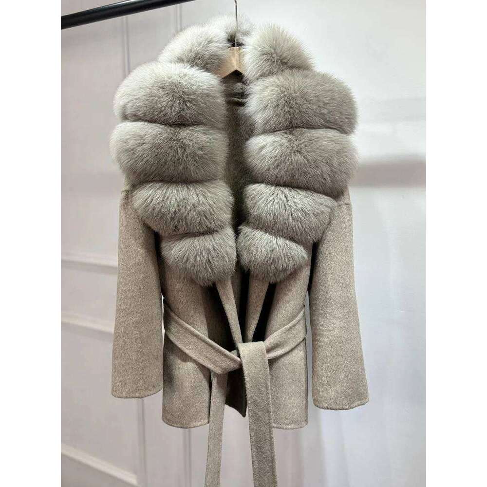 Designer Clothing Janveny Natural Fox Fur Wool Overcoat Autumn Winter Women's Short Loose Woolen Blends Coat Office Lady Elegant Cashmere Jacket 