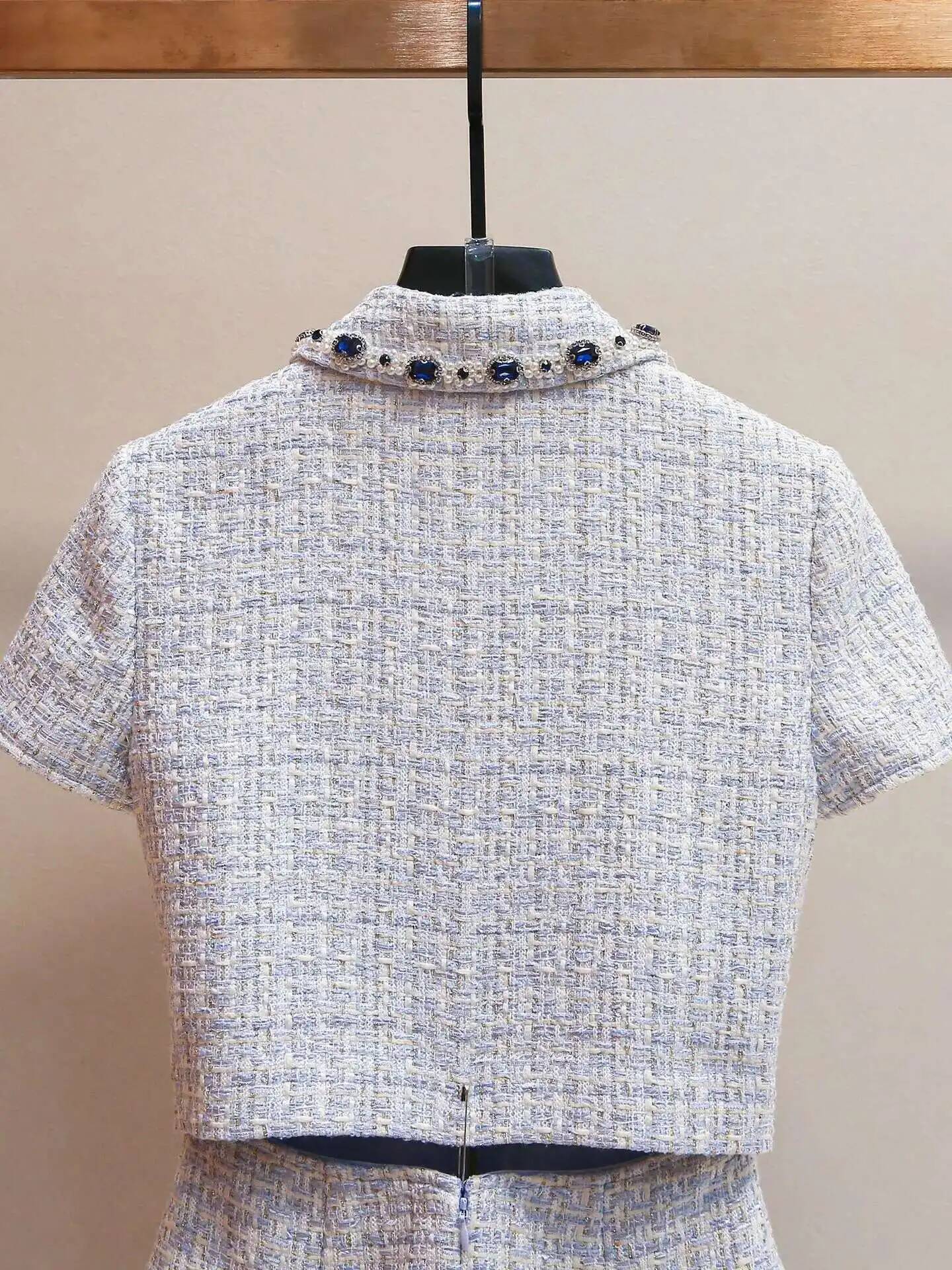 Summer Autumn Crystal Tweed Short Dress Shirt Women Sleeveless Beaded Dias Single Breasted Evening Party Dresses Lady dongdumaoyi
