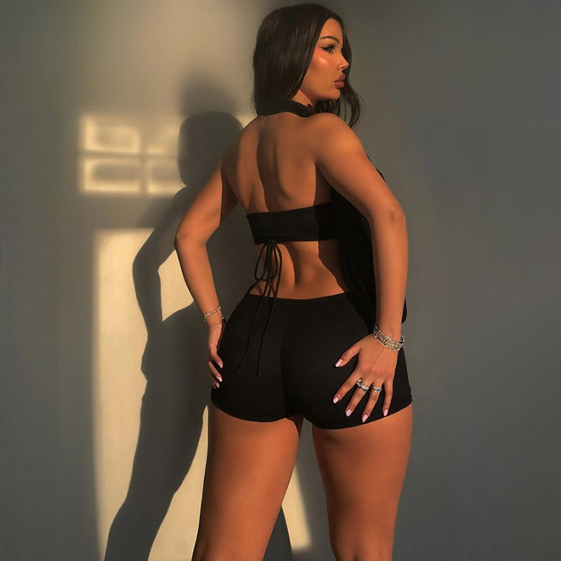 2025 Summer New Fashion Solid Color Strapless Tie Halter Top Tight Short Set for Women