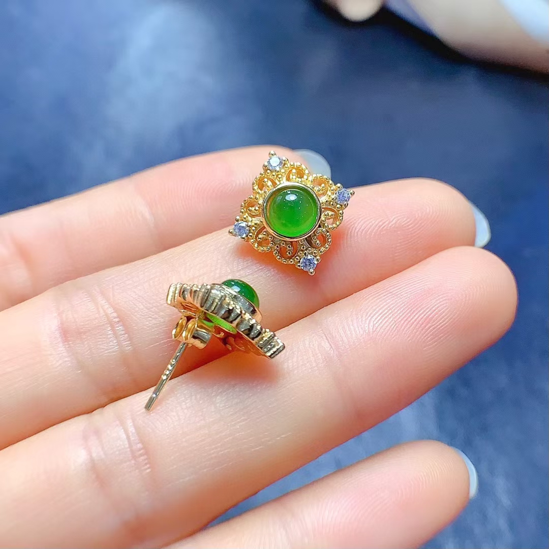Natural green jade stud earrings for daily wear 5mm genuine jade 925 silver earrings with 18K gold plating