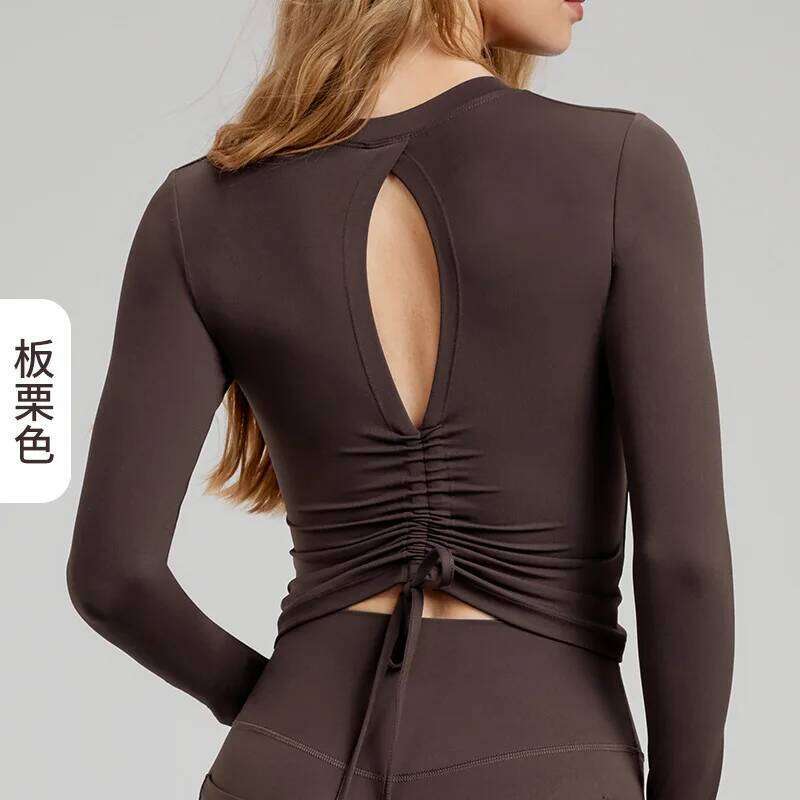 Autumn Winter Women Long Sleeve Back Hollow Out Drawstring T-shirt Elastic Breathable Pure Color Sports Gym Fiess Workout Top