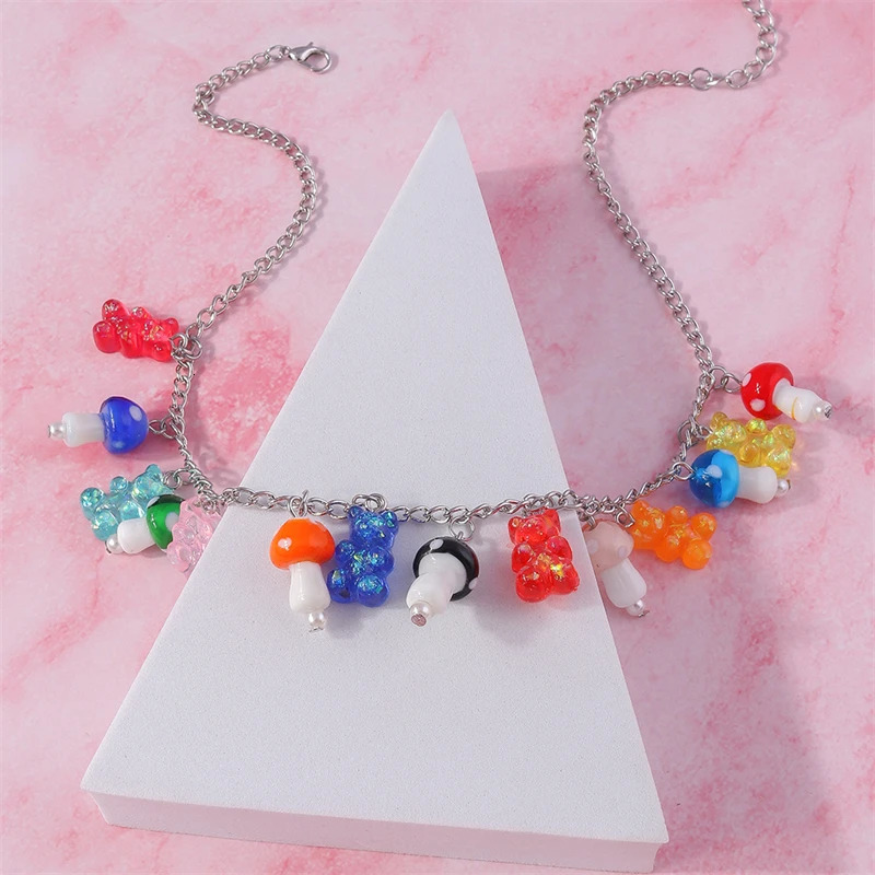 Fashion Mushroom Necklace Cartoon Candy Color Resin Animal Bear Pendant Necklace for Women Girl Party Jewelry Gifts 250729