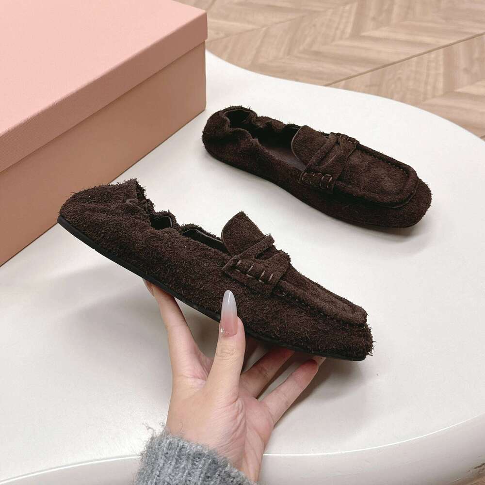 Women Size35-41 Natural Cow Suede Ballet Flats Square Toe Loafers Solid Colors Slip On Designer Shoes Zapatillas De Mujer 0d7