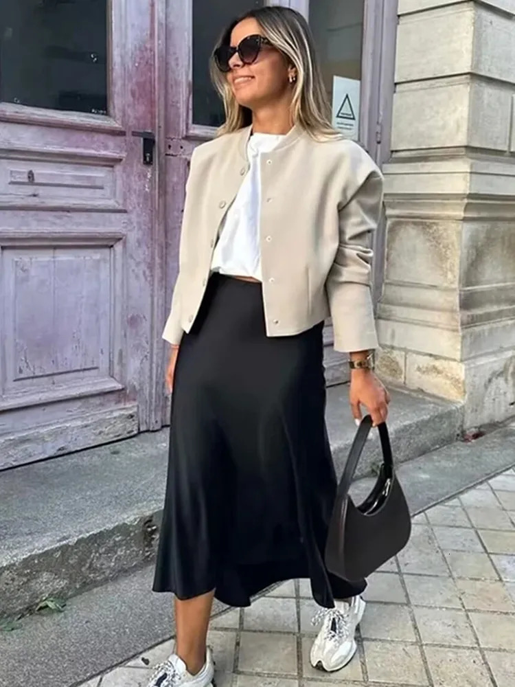 MUJER Woman Satin Skirt Women High Waist Long Skirts For Summer Black Midi Office Elegant Womens 250730