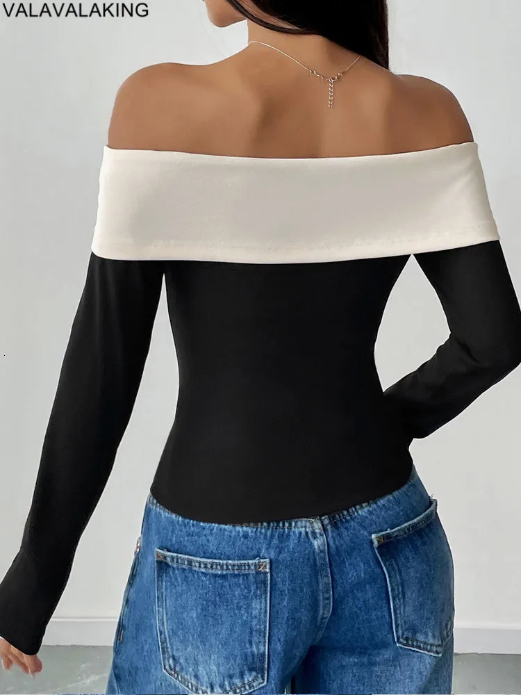 Sexy Spring Black Patchwork Crop Top Women Bow Tied Bandeau Tight Tshirt Lady Y2K Off Shoulder Long Sleeve Clud Tops 250730