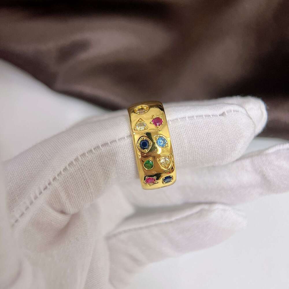 Korean Band Colorful Zircon Star Wide Face Inlaid Diamond Closed for Women Internet Celebrity Ins Style Ring