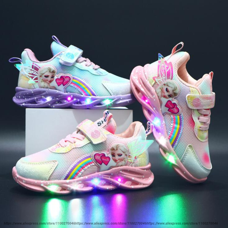 Cartoon LED casual sports shoes pink purple girls ice and snow Elsa princess printed outdoor shoes children's lightweight anti slip shoes