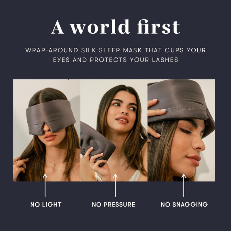DROWSY Eyelash Protecting Silk Sleep Mask for Natural Lashes & Extensions. Deep Eye Cups, Zero Pressure, Total Blackout, Full Wraparound (Moonlight Sh