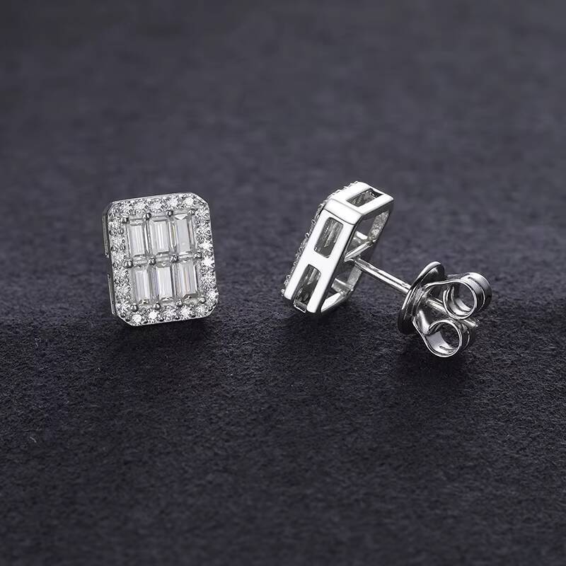 Hot Selling 925 Sterling Silver White Gold Plated Fine Jewelry Emerald Cut Diamond Vvs Baguette Moissanite Stud Earrings