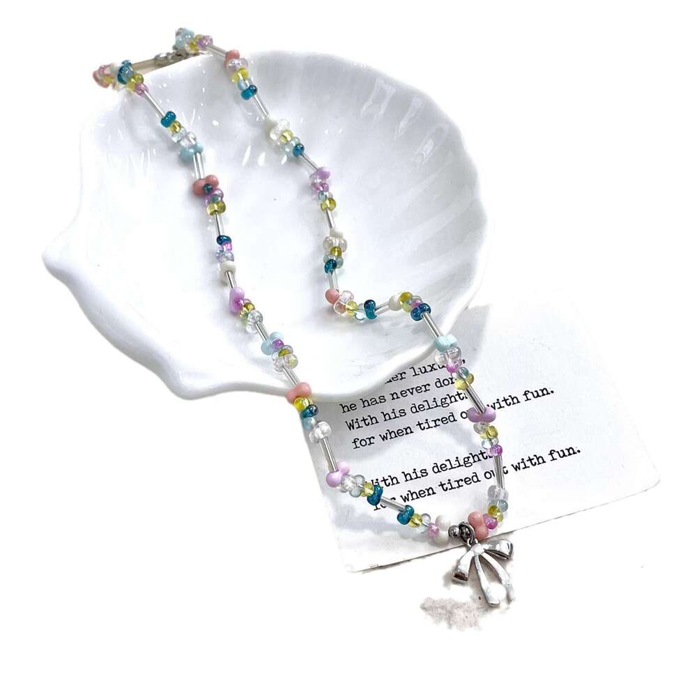 Summer Fresh Colorful Dopamine Bowknot Beaded Necklace for Women, Light Niche Design, Exquisite Versatile Jewelry 3bf