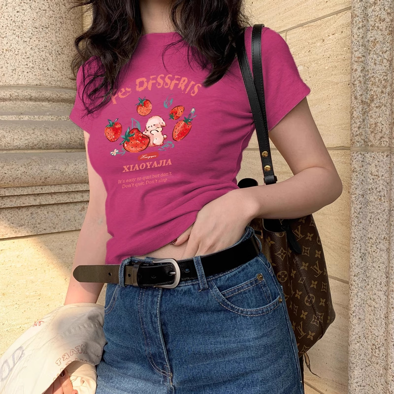 2025 Summer New Retro Style Cartoon Strawberry Rabbit Women's T-shirt Sweet and Spicy Casual Versatile Designer T-shirt Designer Top