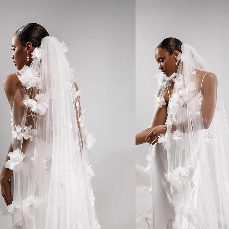 Gorgeous Bridal Customized 3D Flowers Appliques One Layer Wedding Veil Cathedral Length Veil Wedding Accessories