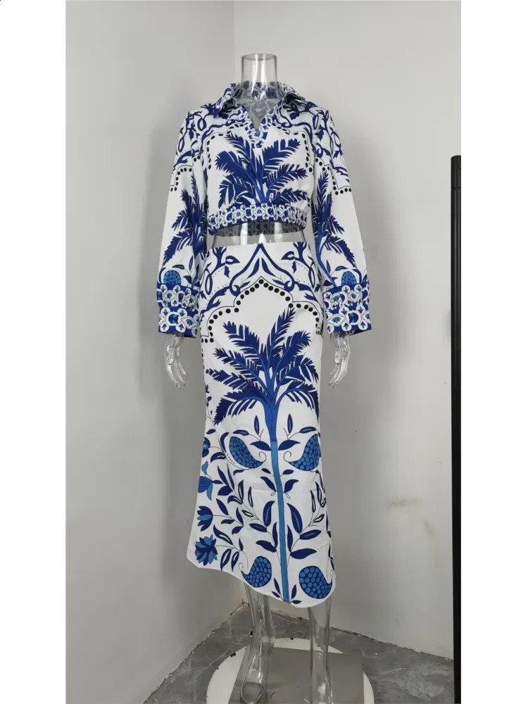 2025 Women Printed Two Piece Set Fashion Elegant Vintage V-neck Long Sleeve Cropped Top And High Waist Midi Skirt 2 Piece Sets 250728