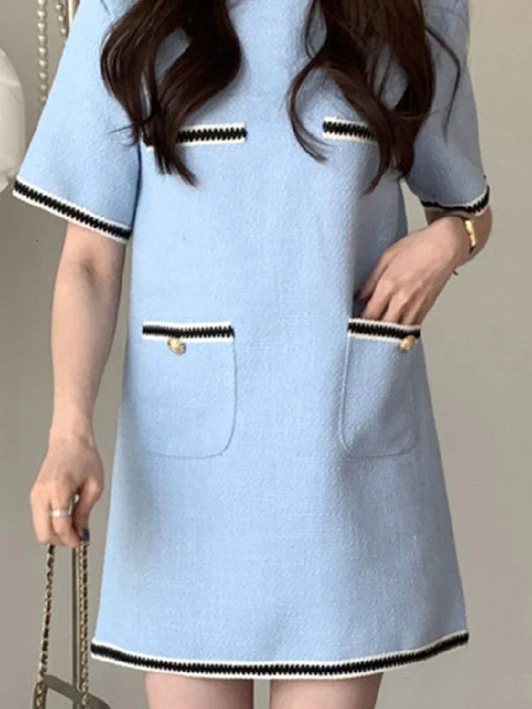 Women Dresses Korean Chic Summer Simple Round Neck Contrast Color Trim Pocket n Loose Shortsleeved Tweed Dress Women 250731