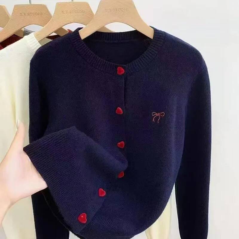 Women's Clothing Vintage Love Button Knit Cardigan Autumn/Winter Fashion All-match Bowknot Embroidery Sweaters Lady Elegant Tops ddmysept