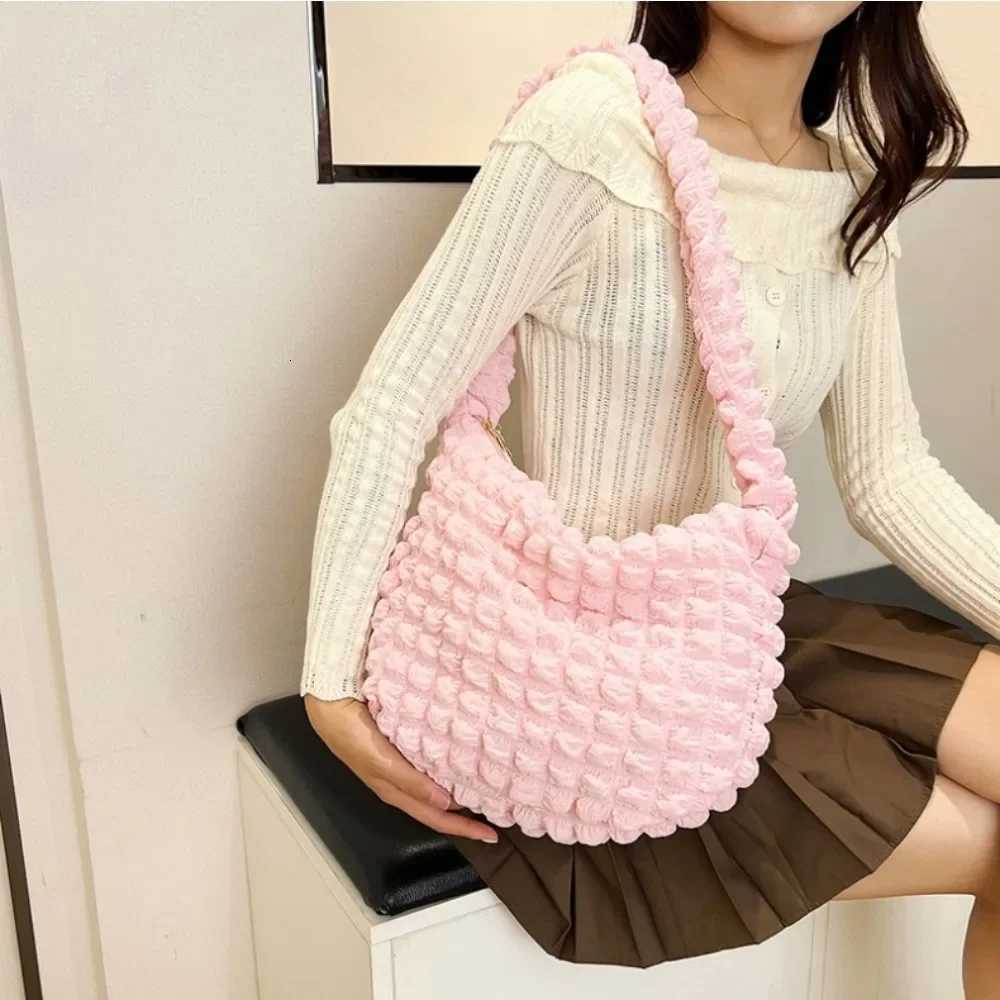Square Padded Shoulder Bag With Nice Pleated Bubbles Large Capacity Armrest Bag Solid Color Embroidered Cross Bag For Women Y250730