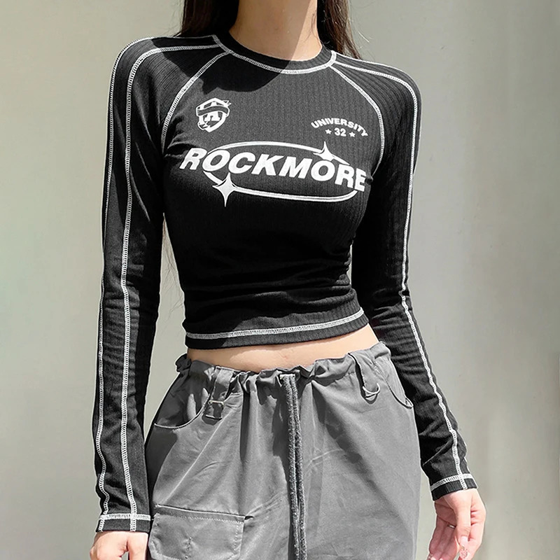 TShirt Women Spring Black Fashion Streetwear Long Sleeves ONeck Crop Top Print Letter Casual Slim Female Tees 250730