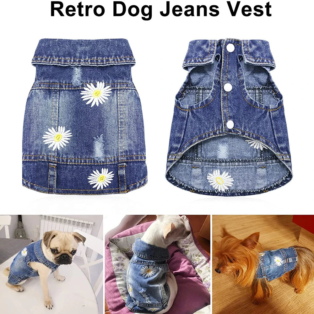 Daisy Embroidery Dog Clothes for Small Medium Dogs Vintage Washed Dog Jeans Jacket Pet Sleeveless Vest Denim Coat Outfits 250729