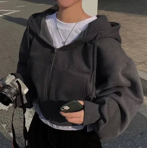 Fashionable Loose Zipper Hooded Jacket Short Pure Color Trendy Sweatshirt Top Korean Style Autumn Winter Womens Clothing 250731