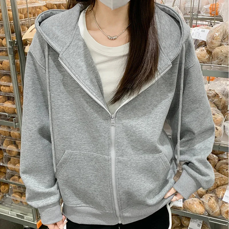 Spring Autumn Womens Casual Hooded Sweatshirt Loose Lazy Style Versatile Cardigan Coats Korean Simple ZipUp Drawstring Hoodies 250731