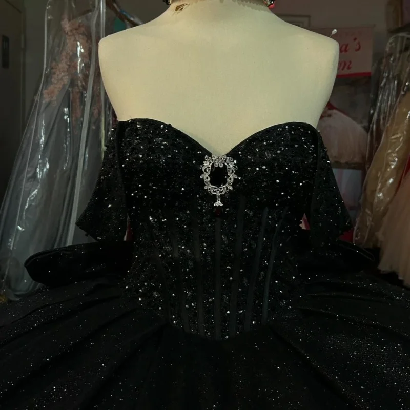 Black Shiny Quinceanera Dresses Off The Shoulder Sequin Beads Mexican Vestidos 15 De Anos Princess Party Birthday Sweet 16 Dress