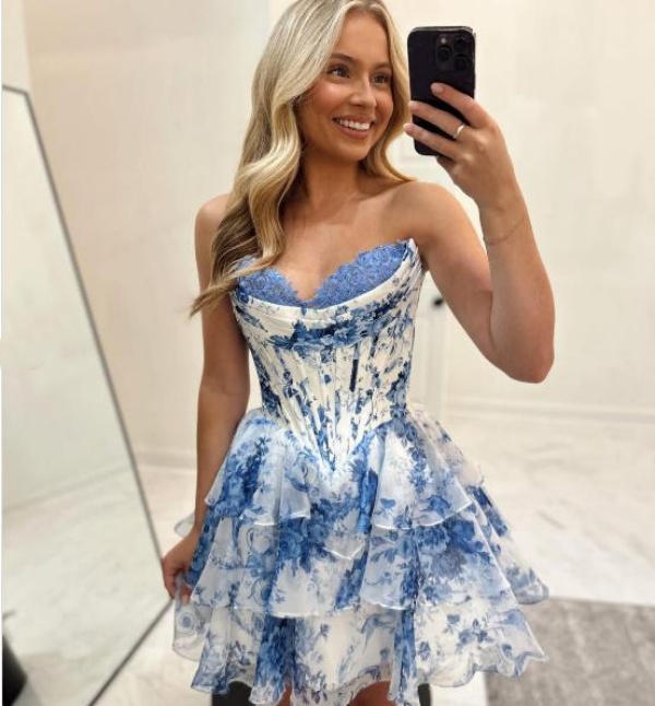 Women Strapless Corset Short Floral Dresses Blue and White Porcelain Print Tiered Ruffles Birthday Party Gowns Graduation Cocktail Runway Dress With l