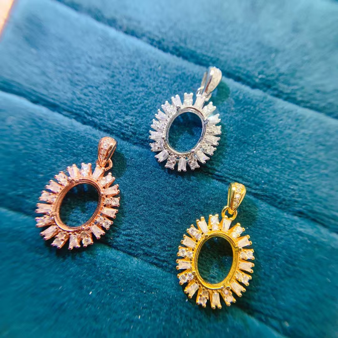 8mm*10mm oval gemstone necklace pendant 925 silver necklace pendant setting with 18K gold plating