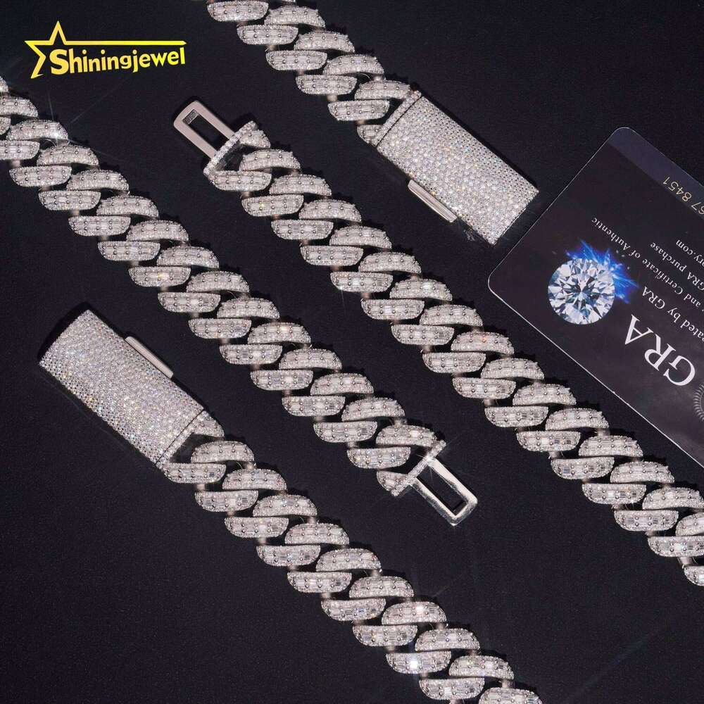 Rapper Jewelry Hip-Hop Style Long Stick Bread Moissanite Iced Out 18Mm Sier Dia Cuban Chain