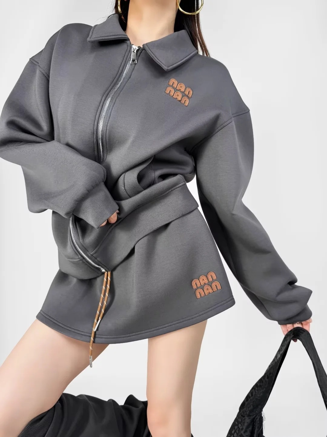 Free Shipping Loose Embroidered Tracksuit Lapel Zip Up Sports Hoodie Jacket Drawstring High-Waist Skirt Set For ladies 2025s Two Piece Dress