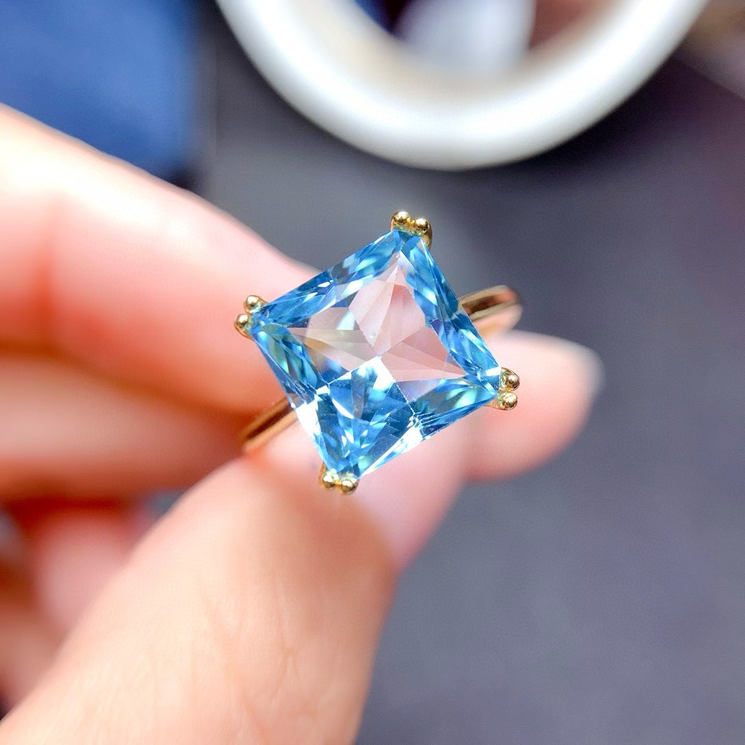 Pure Light Blue Natural Topaz Ring 8mm*10mm 3ct London Blue Topaz 925 Silver Ring 18K Gold Plated Genuine Topaz Jewelry for Daily Wear