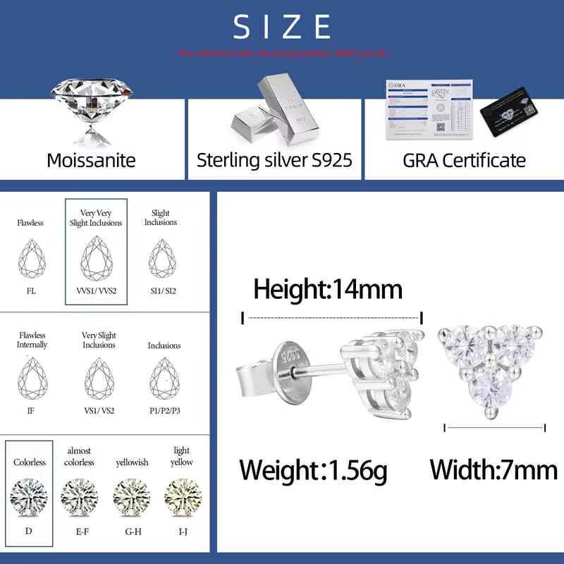 Factory 925 Sterling Silver Three Diamond Triangles Stud Earring High Quality Moissanite Geometric Ear Wholesale Bulk