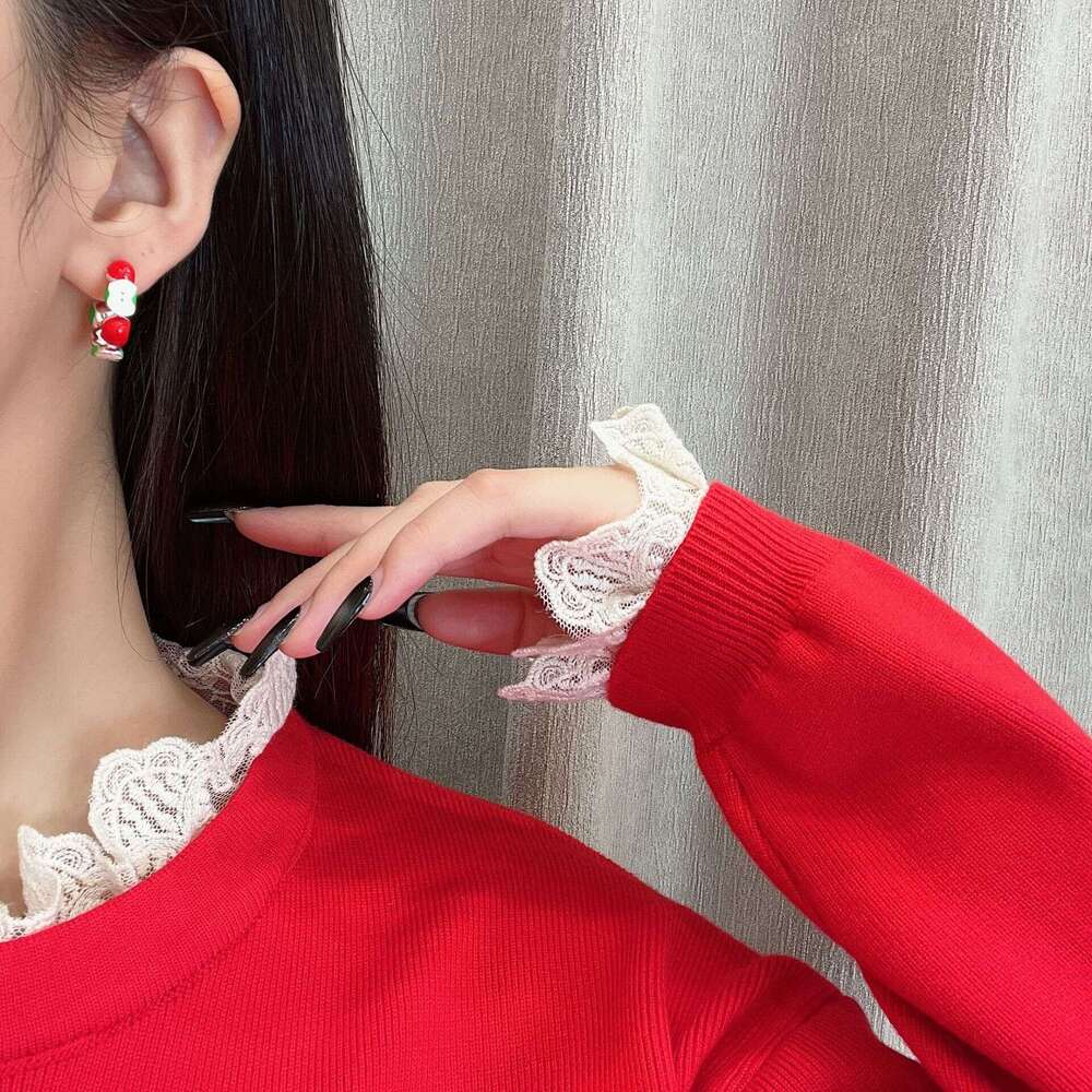 Flocked Ancora Red Apple Autumn Winter Cute Sweet Fun Design Elegant Versatile New Year Earrings 171