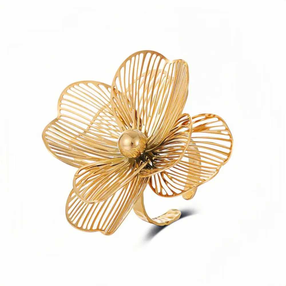 Stainless Steel Double-Layer Flower Shaped Ring for Women Fashionable and Versatile Adjustable Jewelry Party Birthday Gift y250730