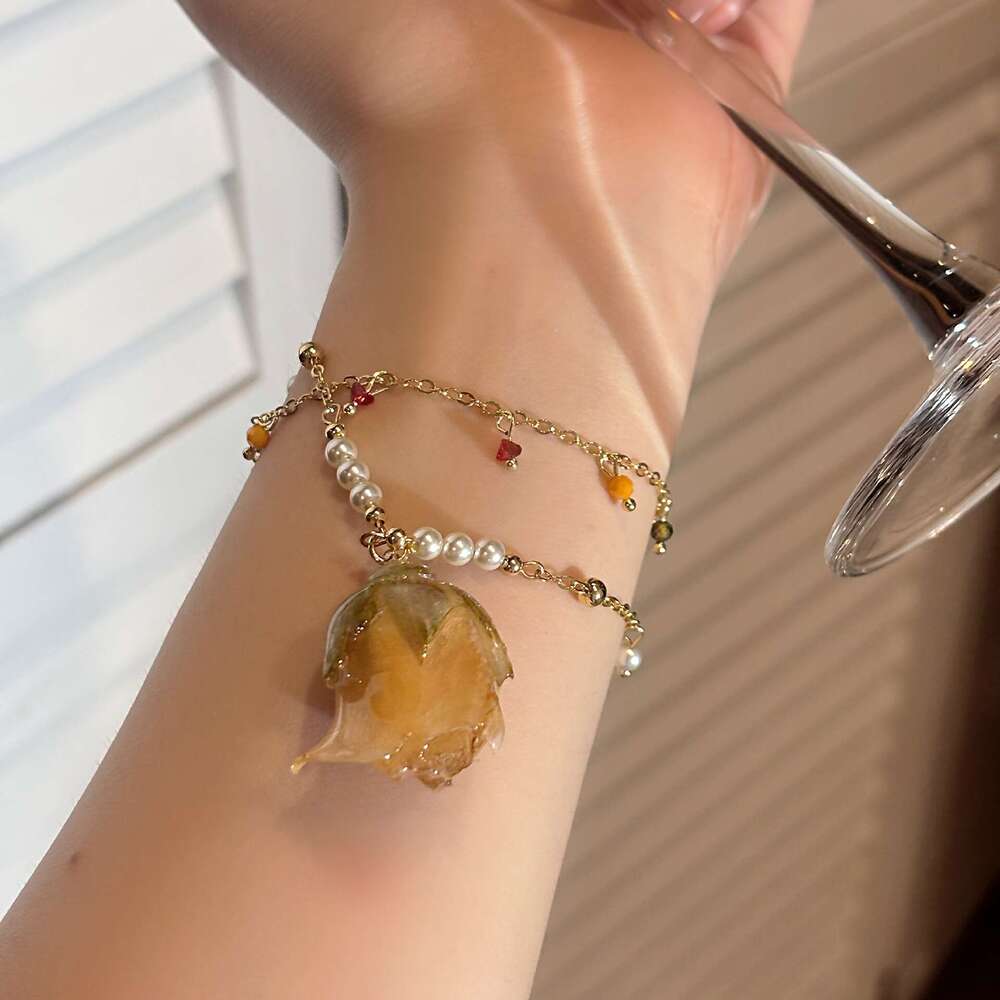 French Style Dried Flower Rose Crystal Pearl Double Layer Tassel Necklace Bracelet Atmosphere Sweet Exquisite Collarbone Chain f88