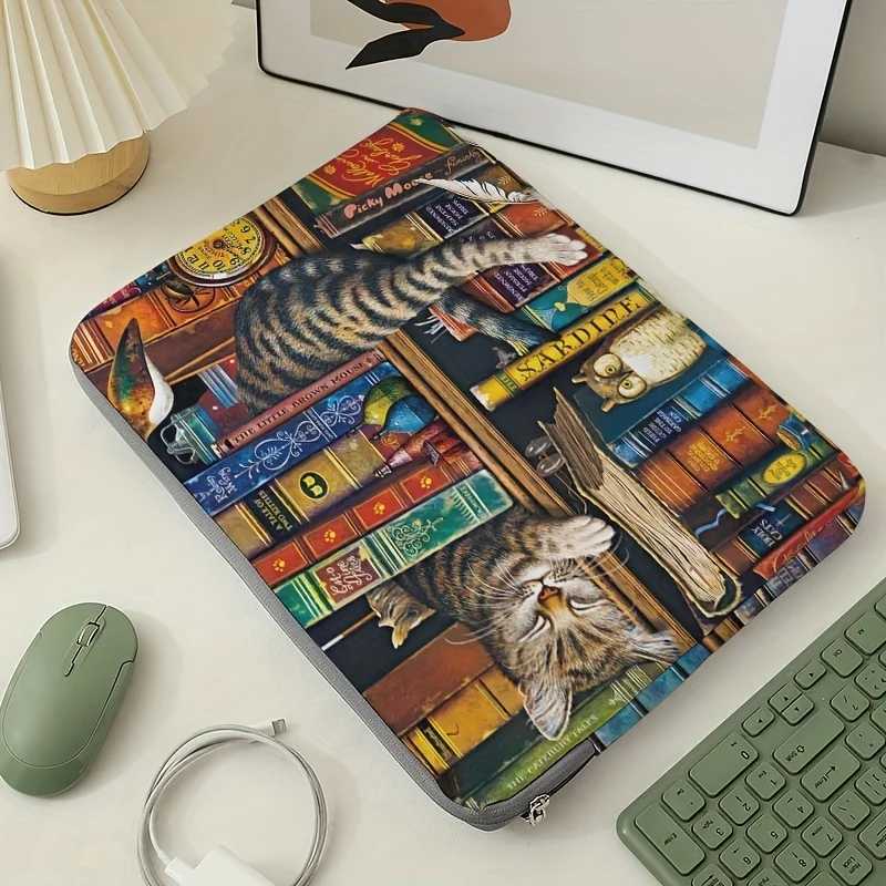 1 cat and bookshelf pattern laptop bag briefcase suitable for 15 inch laptops fixed laptop bag (without handheld) G250729