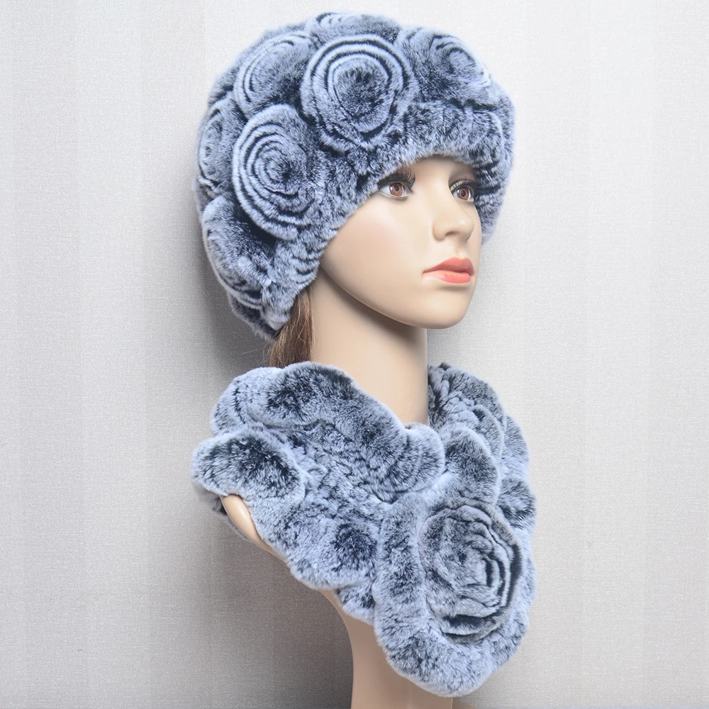Women Winter Fur Hat Scarf Sets Natural Warm Rex Rabbit Fur Cap Scarves Lady Knitted Warm 100% Genuine Fur Hats Muffler 250724