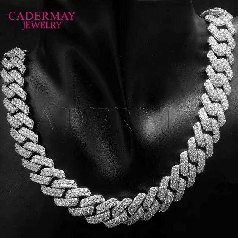 Cadermay Iced Out Hip Hop Cuban Bracelet 14mm 2rows VVS Moissanite 925 Silver 14k Gold Plated Square Cuban Chain With Long Clasp