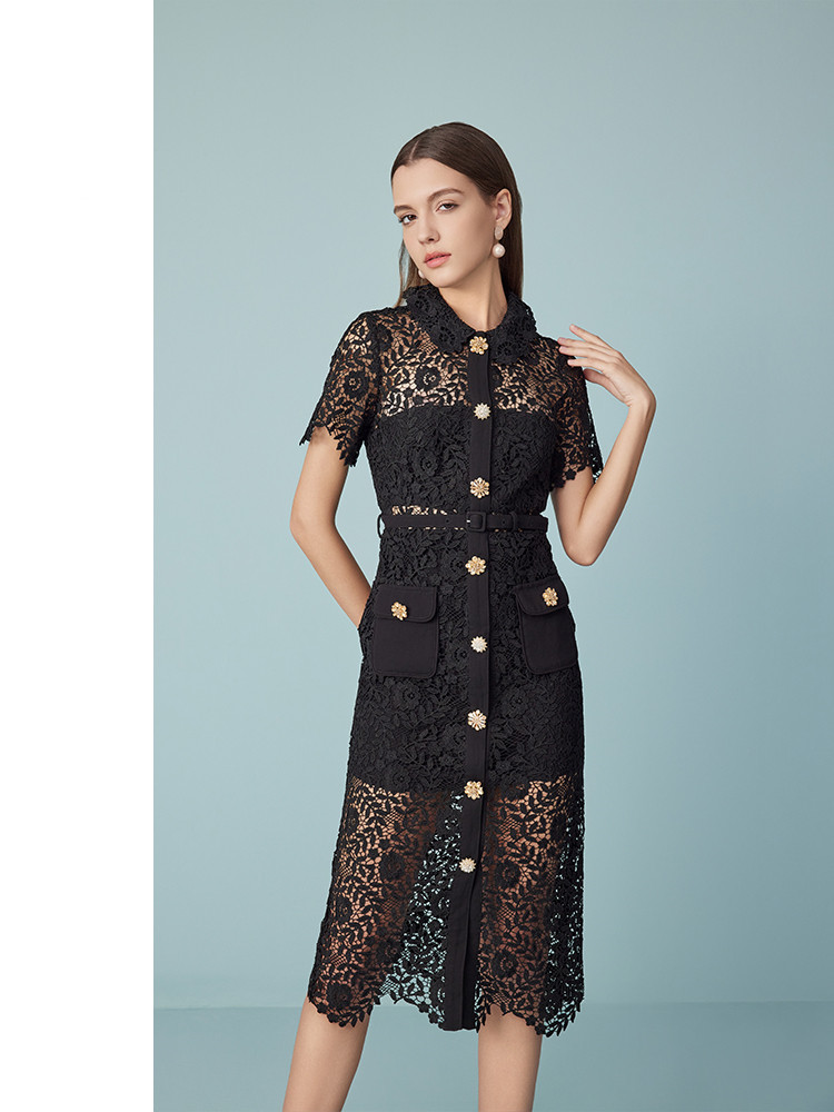 Summer New Elegant French Hollow Hot Diamond Button Midi Dress Water-Soluble Lace Dress Party Summer Resort Wear Office Women Clothing 6116474