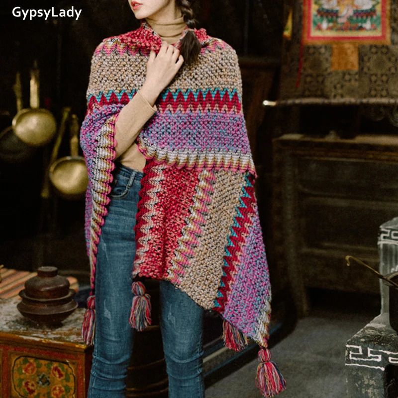 GypsyLady Vintage Boho Cloaks Capes Top Red Women Autumn Winter Floral Knitted Poncho Capes Tassels Chic Cloak Poncho Outwear 250729