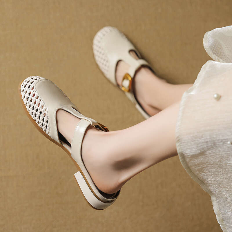 2025 New Genuine Leather Handmade Casual Versatile Fashion Hollow Mesh Flat T-Strap Closed-Toe Sandals for Women