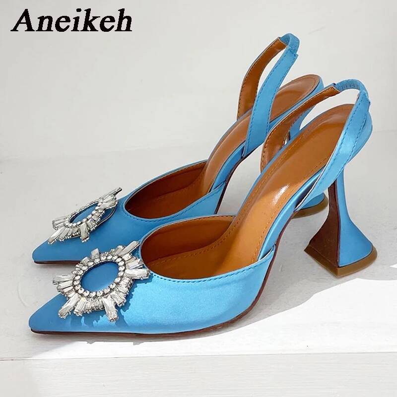 Aneikeh Brand Women Silk Crystal Butterfly Knot High Heels Summer Pointed Shoes Triangle Heeled Bride Pumps