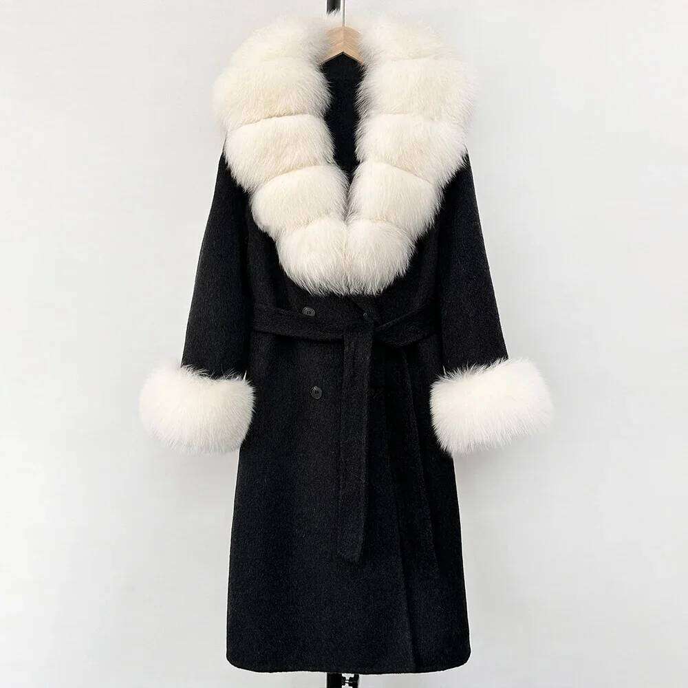 Designer Clothing Blends Long Natural Woolen Coat Women New Autumn Winter Clothes Fashion Warm Wool Real Fox Fur Jacket Overcoat Fashion